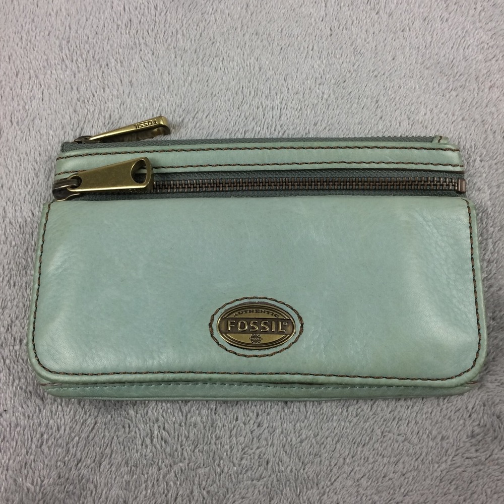 Fossil Wallet Women Leather Clutch Green Pockets Zippers